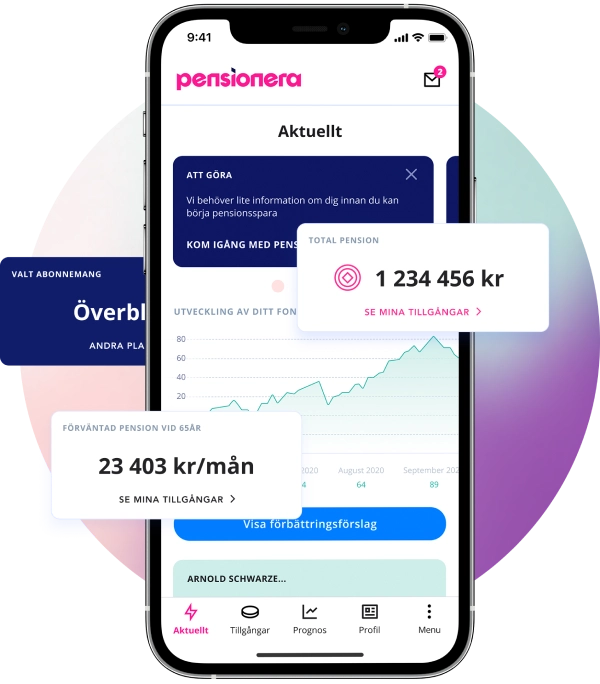 Pensionera mobilapp som visar totalt pensionsvärde, fördelning på olika sparformer och graf över försäkringsutveckling